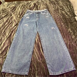 SHEIN Blue Wide Leg Jeans with Lace and Bow Details